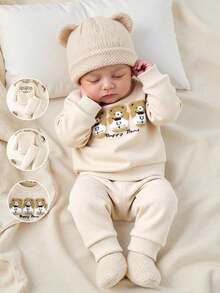 SHEIN Bộ đồ 2 món quần dài tay thường ngày thoải mái dễ thương cho bé sơ sinh phong cách Hàn Quốc họa tiết gấu thêu - Màu be - Xem 6