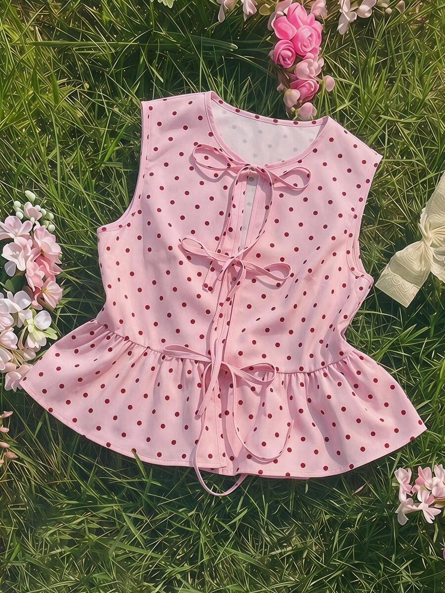SHEIN Tween-Mädchen Lässig Alltags Urlaubs Rosa Braun Polka Punkte Bedrucktes Crop Top mit Schleife, Rosa Elegantes Top, Sommer Tops, Sommer Bluse - Pink - Übersicht 1