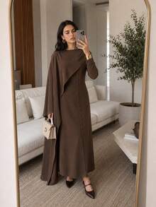 Solavon Vestido Elegante de Manga Longa com Design Camadas e Abotoamento Simples para Mulheres - Café - Visão 2