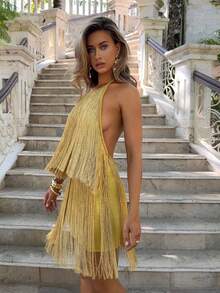 Aloruh Women's Spring/Summer New Gold Color Flowy Tassel Backless Mini Dress Suitable For Party Night Out, Evening, Y2K Sexy, Hot Girl - Champagne - View 5