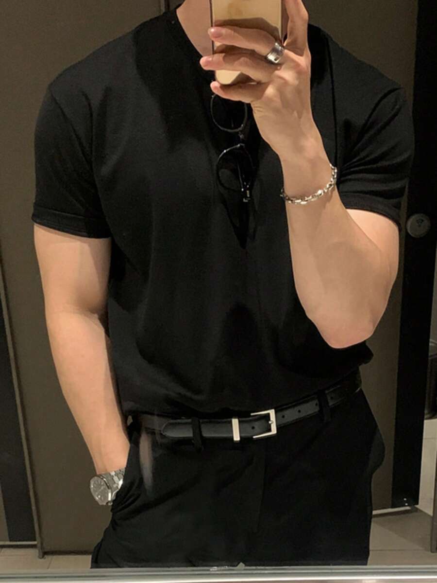 DAZY Short Sleeve Black Solid Color Crew Neck Men's T-Shirt - Black - View 1