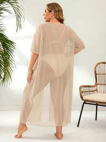 Swim Lushoire Basic Casual Split Plus Size Cover-Up Beach Vacation Beige Summer - Beige - View 2