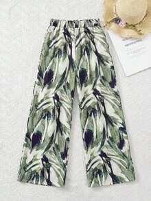 SHEIN 少女宽松休闲荷叶边叶子印花高腰阔腿裤 - 綠色 - 查看 4