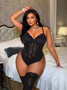 NU&NOW Women's Plus Size Solid Color Tulle Lace Patchwork Camisole Tank Top With Fishbone Spaghetti Strap - Black - View 2