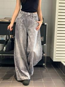 DAZY Women's Loose Casual Wide Leg Leopard Print Korean Style Denim Jeans Cute Tops - Grey - View 9