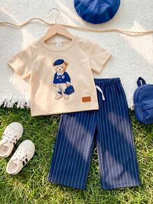 SHEIN Playful Pals 2件組男嬰可愛休閒短袖上衣與格紋長褲套裝，適合夏季與旅行 - 藏蓝色 - 查看 4