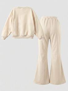 SHEIN Girlism 青少年女孩秋冬休閒保暖內裡加厚運動衫套裝，紐約市印花寬鬆圓領落肩長袖套頭運動衫與配套印花百褶寬腿直筒運動長褲，2件式運動風套裝，麻灰色 - 卡其色 - 查看 5