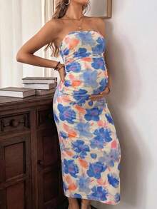 Cheriluna Maternity Vestido elegante ajustado sin tirantes con estampado floral para mujeres embarazadas en vacaciones - azul real - Ver 1