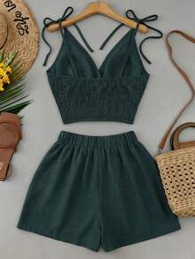 SHEIN Franclia Set Atasan Wanita Berlipit dengan Tali Serut untuk Liburan dan Celana Pendek Berkancing - Dark Green - View 2