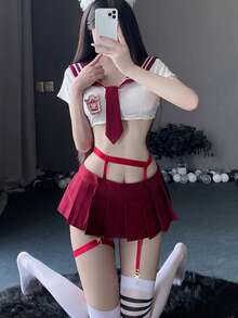 Dansine Japanese School Style Sailor Uniform Revealing Pleated Skirt Seductive Outfit Set - Burgundy - View 5