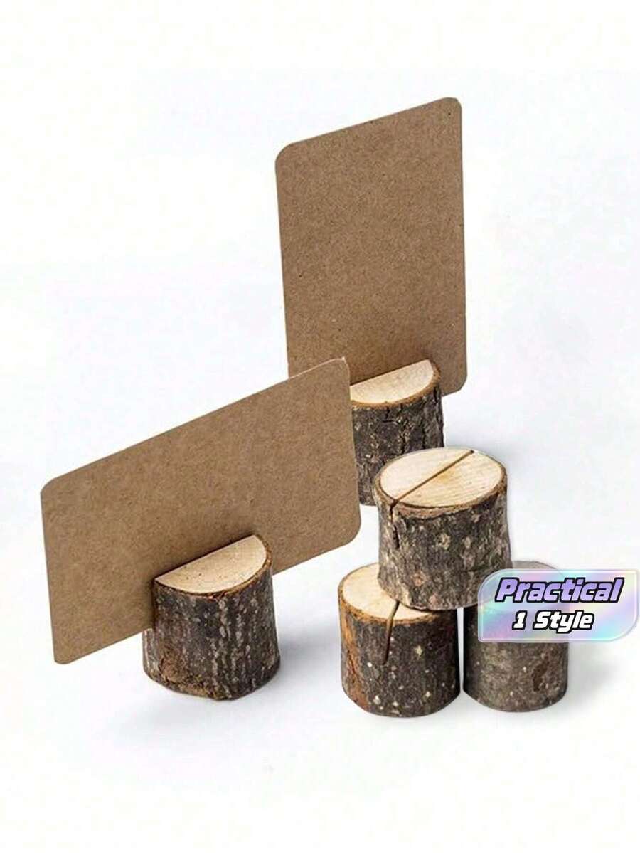 5pcs Vintage Wooden Memo Clips With Spiral Wire, Woodgrain Texture, Can Hold Memos, Cards, Photos, Notes, Size: 5.8 Inches; Also Includes Kraft Paper Table Cards, Suitable For Weddings, Parties, Table Numbers, Name Tags, Etc. - Beige - View 1