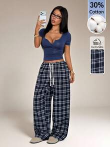 SHEIN PETITE 女士纯色圆领短袖上衣搭配抽绳腰格纹阔腿裤休闲两件套，适合度假、居家办公等各种场合。 - 藏蓝色 - 查看 3