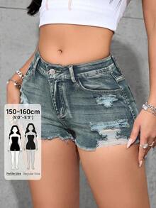 SHEIN PETITE 女款夏季街頭風破洞水洗斜口袋牛仔短褲 - 霧霾藍 - 查看 1