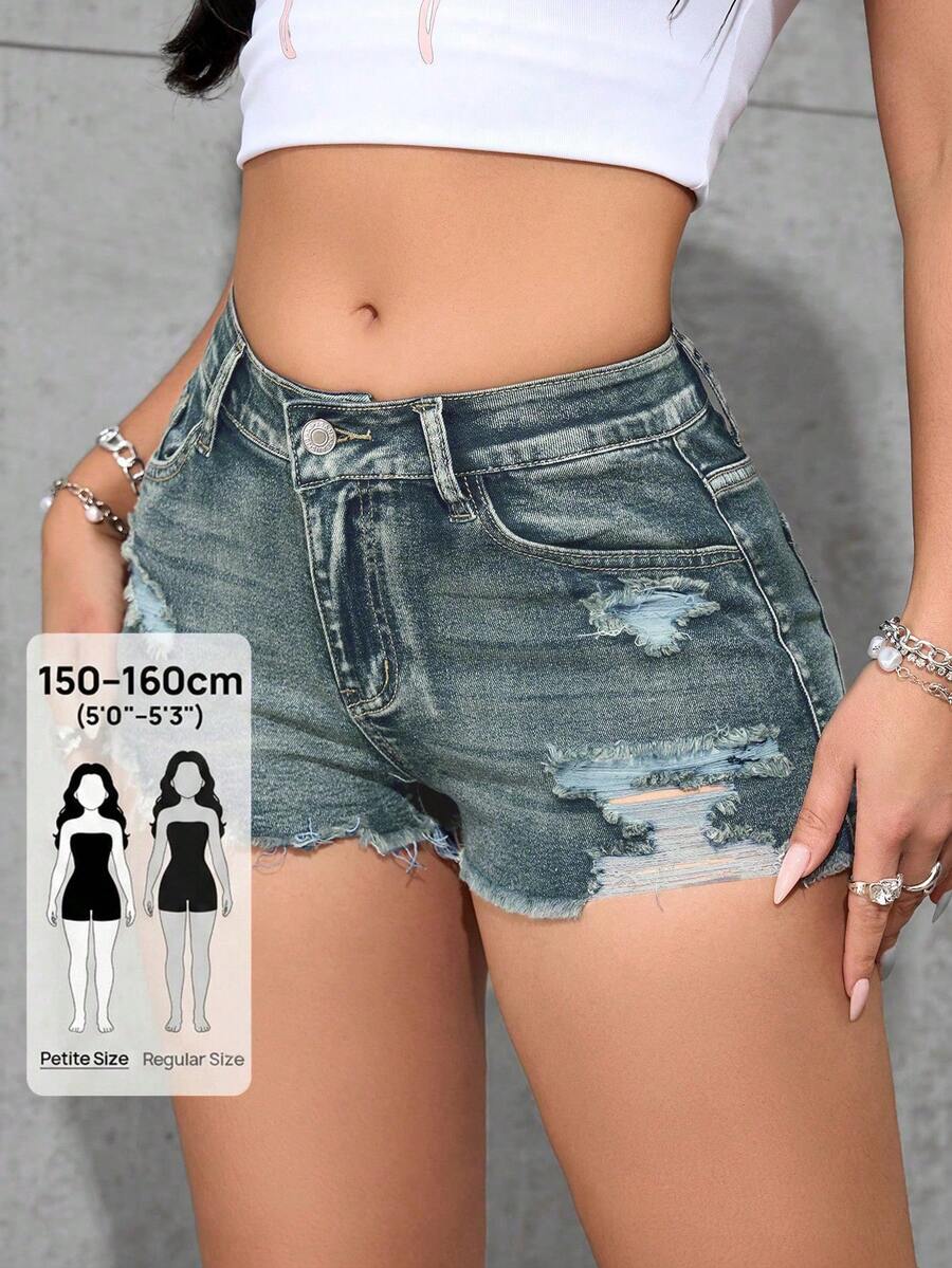 SHEIN PETITE 女款夏季街頭風破洞水洗斜口袋牛仔短褲 - 霧霾藍 - 查看 1