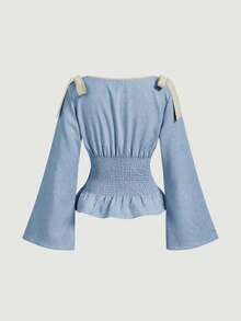 SHEIN MOD Women's Bow Decor Shoulder, Cinched Waist Fashion Blouse - Baby Blue - View 3