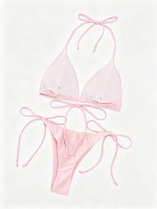 Swim Basics Set Baju Renang Wanita Dua Potong Seksi Warna Polos dengan Tali Pengikat - Baby Pink - View 2