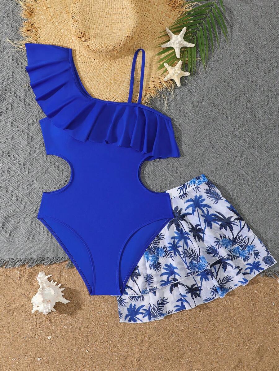 SHEIN 2 Peças Maiô de Uma Peça para Adolescentes Meninas/Com Saia Babado na Barra/Maiô de Uma Peça com Babado Sem Barra/Moda Casual Requintada Elegante Adequada para Natação Adequada para Férias de Verão Praia de Verão Piscina Piscina Férias de Verão Festa Casual Férias - Azul Royal - Visão 1