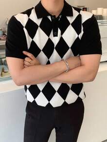 DAZY Nam Họa tiết Argyle Cổ Polo Knit ngọn - Đen và trắng - Xem 6