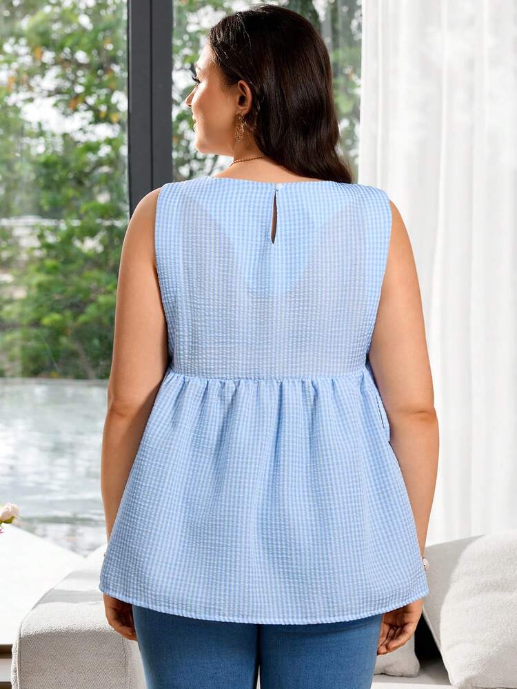 Women's Plus Size Summer Casual Plaid Tank Top, Summer Outfits,Vacation Outfits Women ,Blue Top,Casual Blouses For Women
