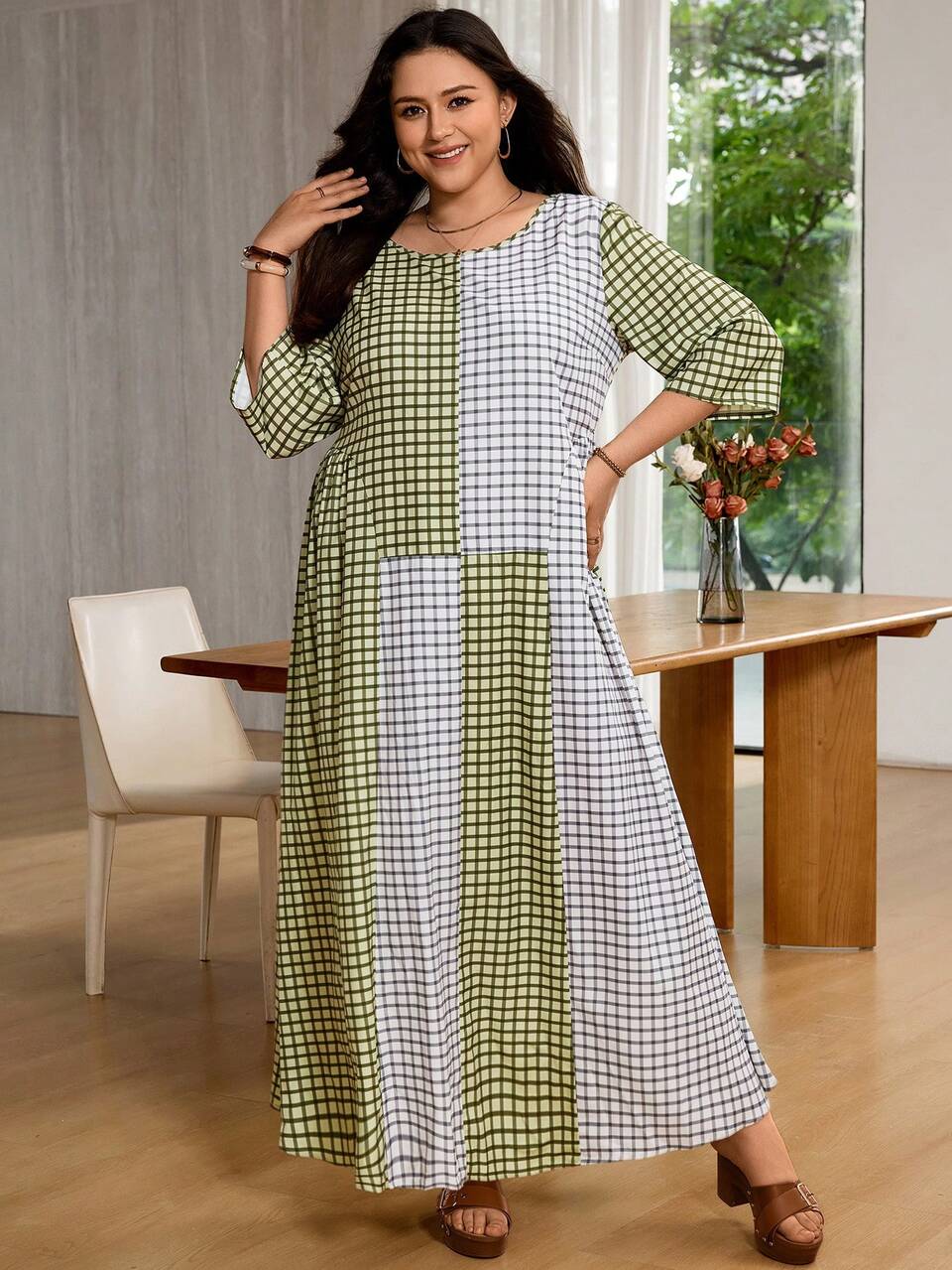 Plus Size Women's Round Neck Plaid Casual Daily Vacation Outing Dress Black And White Autumn Summer Outfits For Women