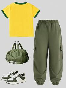 Conjunto de camiseta de cuello redondo con letra Brasil verde de moda vintage, adecuado para uso diario, conjunto de 2 piezas para niñas, conjunto casual, ambiente casual, comodidad fácil, conjunto de niña con estilo, nuevo estilo, relajado relajado - Multicolor - Ver 3