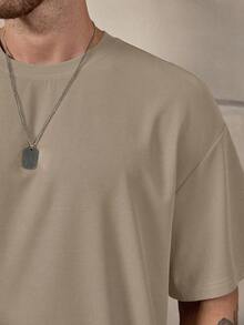 Solurane Áo thun trơn rộng rãi và quần short cạp rút cho nam, trang phục thoải mái - Màu Khaki - Xem 3