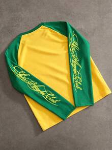 PAVTROS Men's Long Sleeve Crew Neck T-Shirt, Green And Yellow Color Block, Raglan Sleeve, Handwritten English Print, Loose Fit, Holiday - Multicolor - View 2