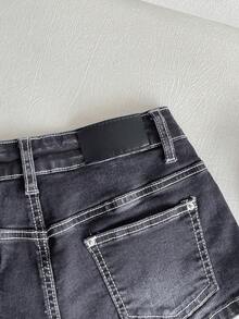SHEIN 超低腰對比縫線水洗斜口袋牛仔迷你短褲 - 黑色 - 查看 5