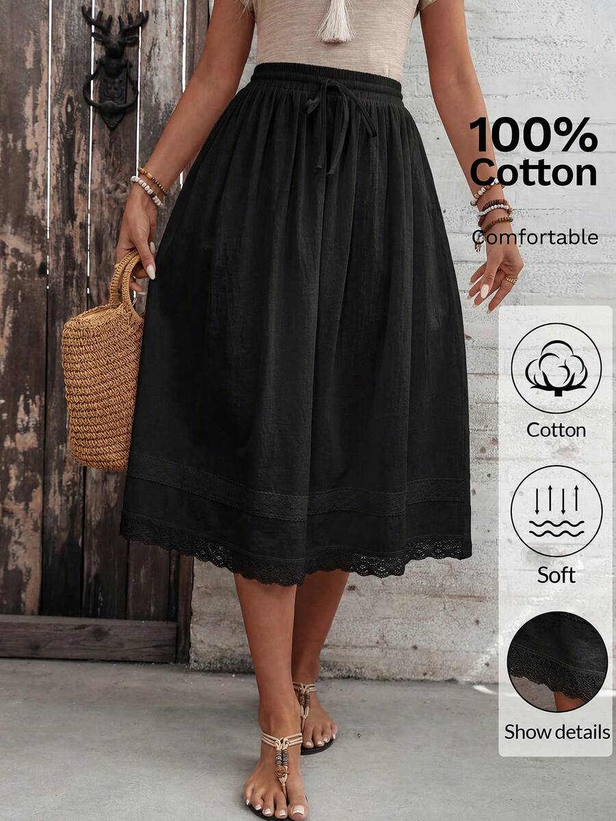 EMERY ROSE Women's Solid Color Casual Boho Vacation Skirt Holiday Black Autumn - Black - View 1