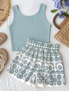 SHEIN Tween Girls Tank Top Co-Ords Print Tank Top And Paper Bag Shorts 2 Pieces Set - Mint Green - View 2