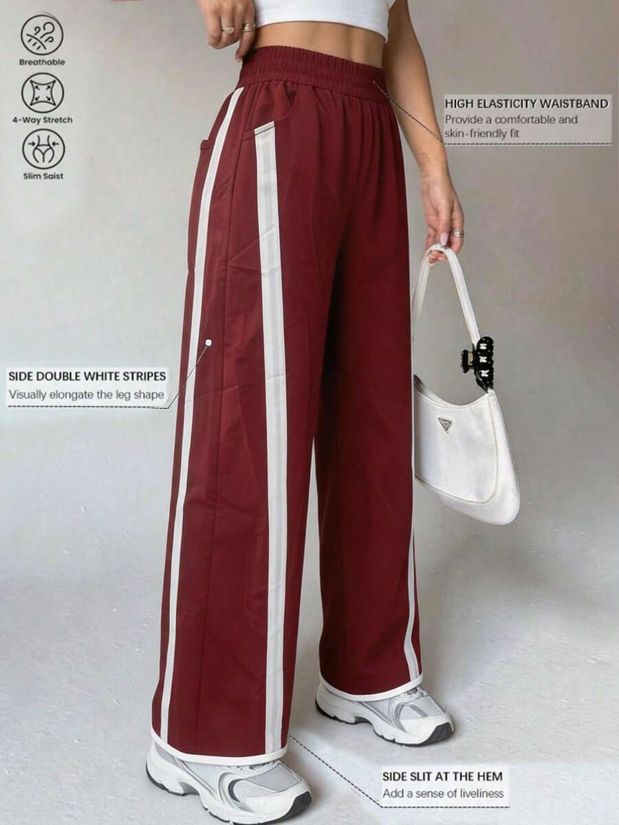 Dewbera Dewbera 女款直筒寬腿褲 - 素色寬腿運動褲,彈性腰部設計,適合健身、運動、體育和休閒穿著,簡約百搭適用於多種場合 - 紅色 - 查看 1