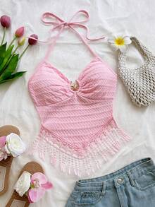 Soleia Women's Vacation Tassel Hem Fashion Halter Neck Tank Top Soft Pink Summer Sexy Tropical Casual Breezy Boho No Chest Padding Beach Holiday - Pink - View 5
