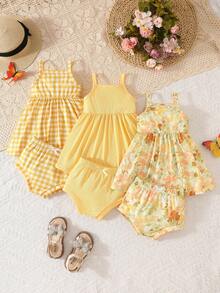 SHEIN Playful Pals 3pcs/Set Baby Girl Skin-Friendly Soft Cute Fashionable Suspenders Pants Set - Yellow - View 6