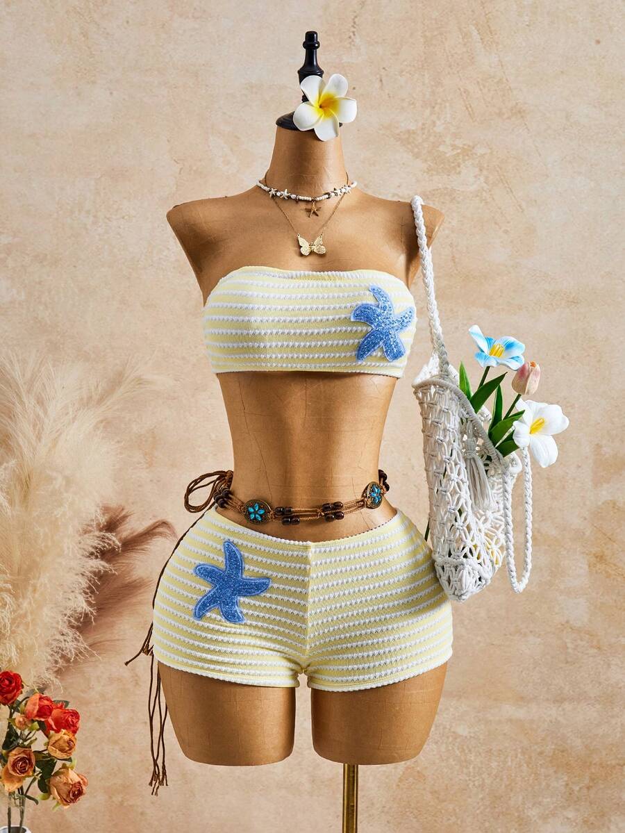 Bellisia Conjunto de Bikini de Dos Piezas con Bandeau Texturizado de Estrella de Mar para Mujer Primavera/Verano 26SS - Amarillo - Ver 1