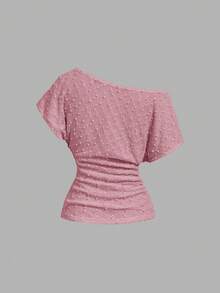 SHEIN MOD 春夏休閒百搭不對稱肩褶皺T恤 - 粉色 - 查看 3