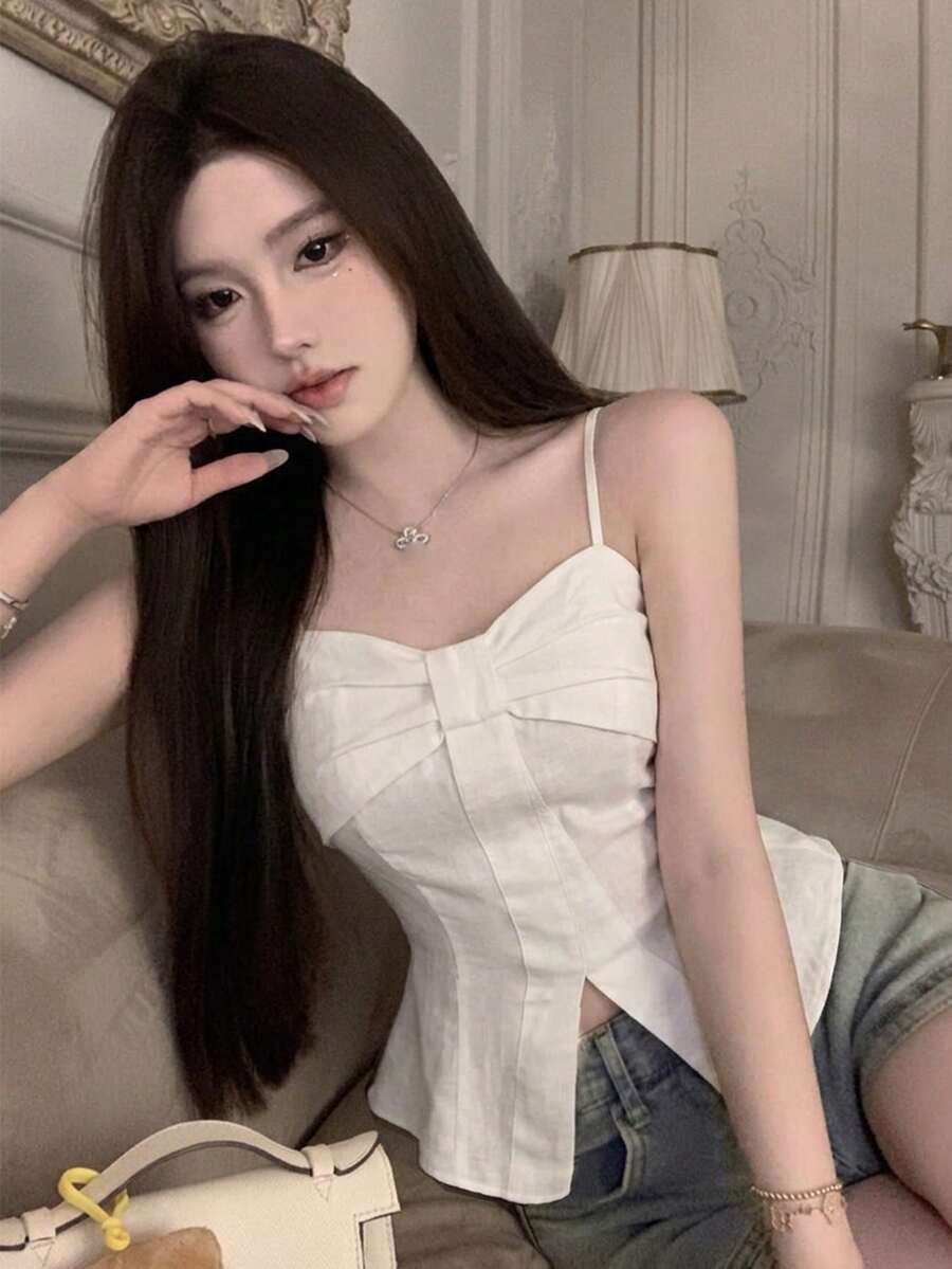 Tideelle 新款女士无袖吊带背心，白色修身性感韩版休闲背心 - 白色 - 查看 1