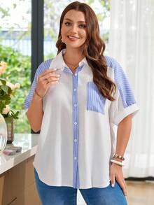 Rosumi 大码女式夏季休闲条纹拼接白衬衫 - 藍白色 - 查看 6