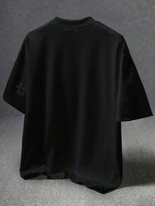 Manfinity EMRG 男士街頭風熱銷 INS 風格十字全印花毛巾刺繡日常休閒男友丈夫禮物週年紀念 T 恤 - 黑色 - 查看 2