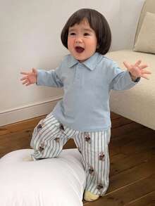 DAZY Infant/Toddler (Girl) Collared Casual Long Sleeve T-Shirt And Casual Long Pants 2 Pieces Loungewear Set - Baby Blue - View 1