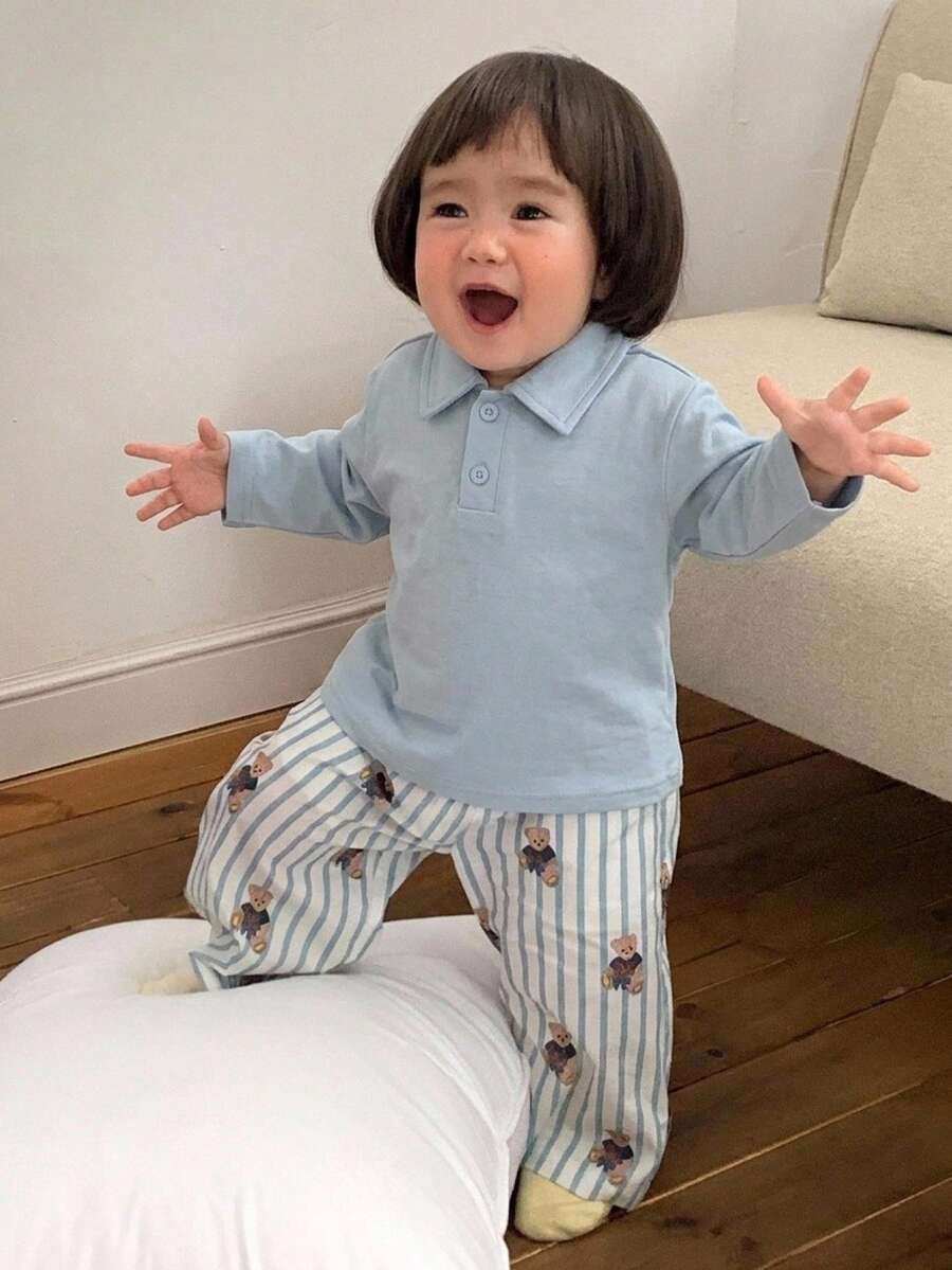 DAZY Infant/Toddler (Girl) Collared Casual Long Sleeve T-Shirt And Casual Long Pants 2 Pieces Loungewear Set - Baby Blue - View 1