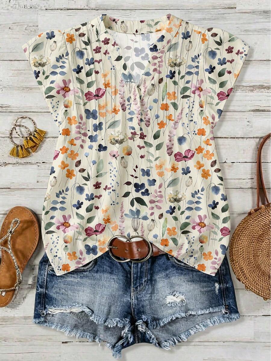EMERY ROSE Plus Size Women Plant Print Cap Sleeve Shirt - Multicolor - View 1