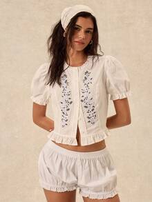 Easelle Vintage Boho Bohemian Embroidered Ruffle Vacation Women's Blouse Vacation White Floral Summer - White - View 2