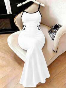 Elenzga Plus Size Elegant Fitted Color Block Dress - White - View 3