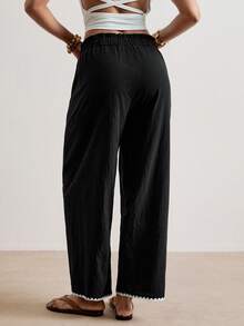 Freevana Pantalones largos casuales y versátiles de talla grande para mujer, unicolor, con cintura con cordón, para uso diario - Negro - Ver 2