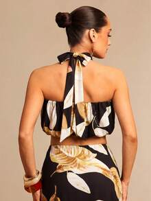 Silquee Damen-Blumenmuster-Top mit Metallschließe, Plissee, Crop-Schnitt, Neckholder und Bindung - Kaffeebraun - Übersicht 2
