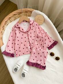 Dozemod Baby Girl Baby Girl Sweet Simple Patterned Collar Button-Up Ruffle Trim Long Sleeve Long Pants Comfortable Skin-Friendly Knit Pajama Set 2pcs - Baby Pink - View 6