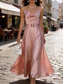 SHEIN Vestido midi de mujer de un solo color con tirantes finos - Rosa - Ver 2