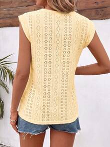SHEIN LUNE Kaos Jacquard Putih Lengan Pendek Leher Bulat Kasual Modis Musim Semi/Panas - Kuning - View 2