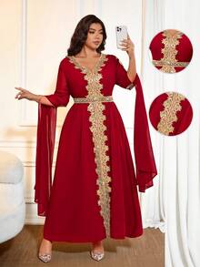 Cravure Plus Size Women's Style Patchwork Extra Long Sleeve Robe, Women's Solid Lace Trim Robe Gown Fall - Red - View 1