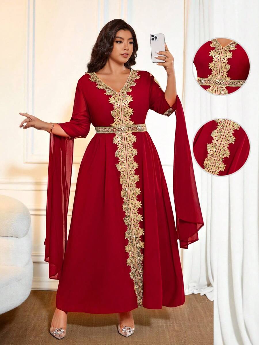 Cravure Plus Size Women's Style Patchwork Extra Long Sleeve Robe, Women's Solid Lace Trim Robe Gown Fall - Red - View 1